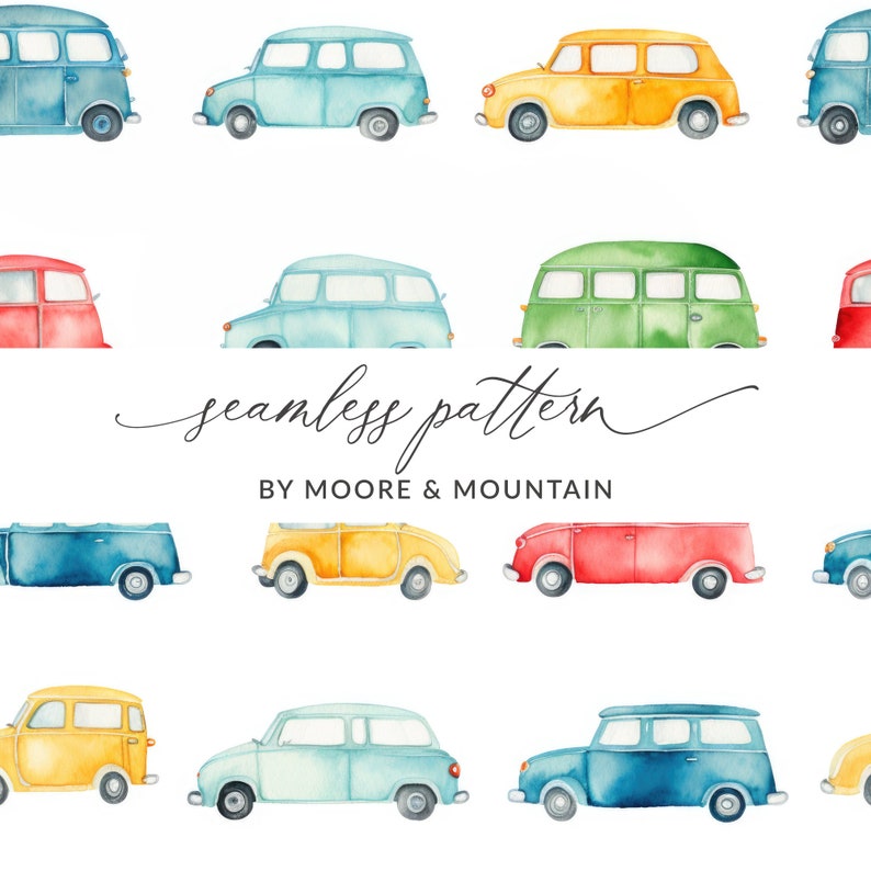 Colorful Cars Repeating Background Pattern for Textile Design Boys Cars Pattern, Watercolor Cars Background, Vintage Car Pattern Handpainted image 1