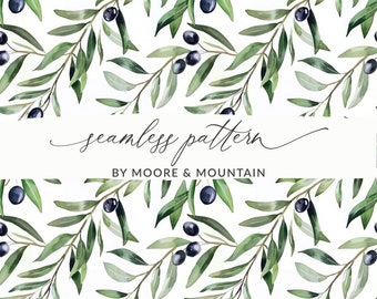 Olive Branch Seamless Pattern Watercolor Olive Branch Black Olives Seamless Background Digital Paper PNG Sage Green Branch