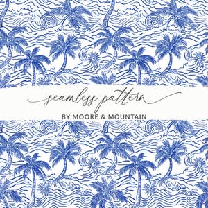 May include: A seamless pattern featuring blue palm trees, waves, and suns on a white background. The design includes the text "seamless pattern" and "BY MOORE & MOUNTAIN". The overall theme is tropical and coastal.