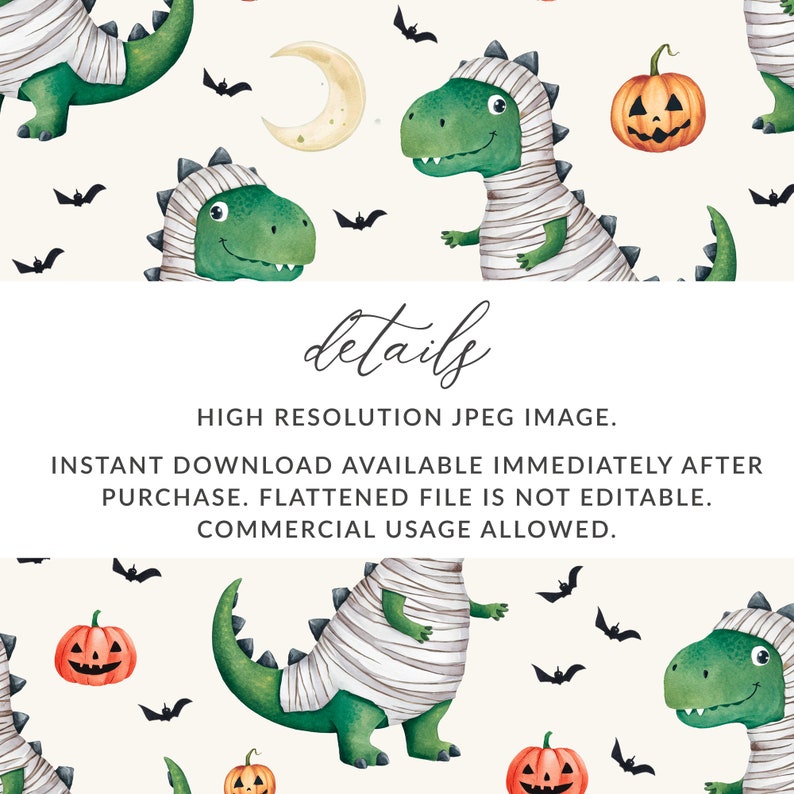 May include: A seamless pattern featuring green and white mummified dinosaurs, orange pumpkins with jack-o-lantern faces, and black bats on a cream background.