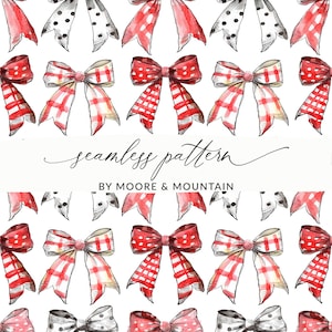 May include: A seamless pattern featuring red and white gingham bows, red bows with white polka dots, and black and white polka dot bows. The pattern is on a white background and includes the text "seamless pattern by Moore & Mountain".