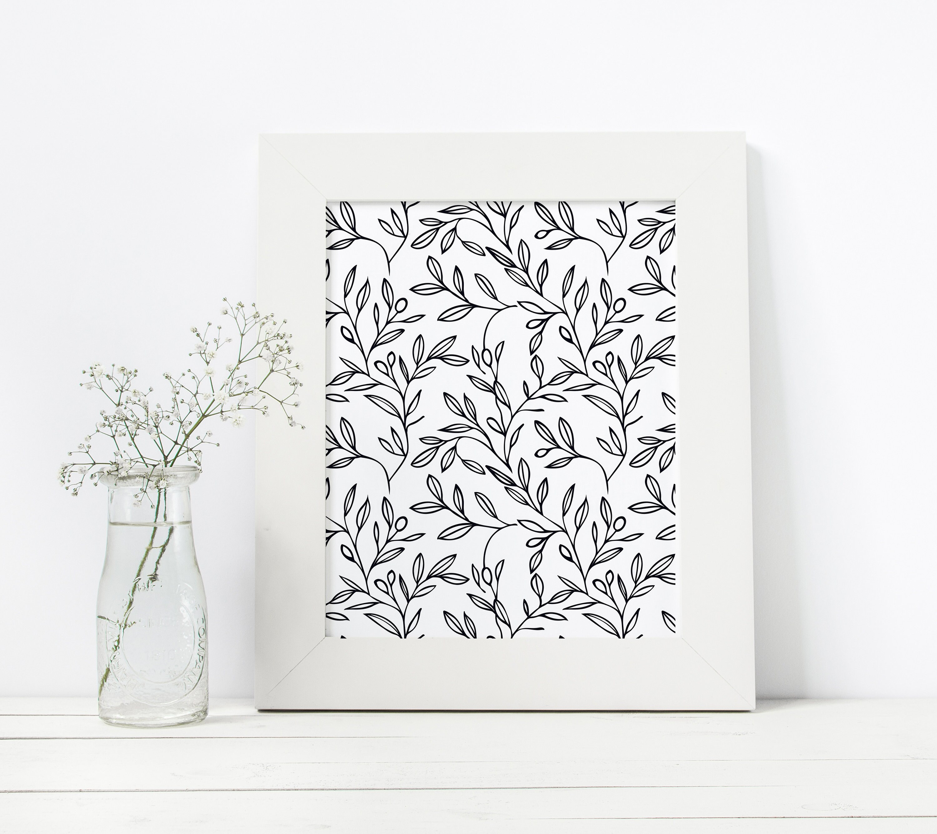 Simple Black and White Leaf Doodle Seamless Pattern Black Olive Branch ...
