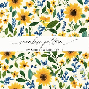 May include: A seamless pattern with yellow sunflowers, blue leaves, and green foliage on a cream background. The text "seamless pattern" and "BY MOORE & MOUNTAIN" are displayed in a white banner across the image.