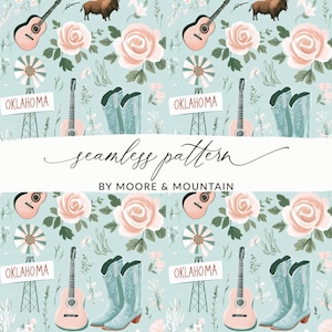 May include: A seamless pattern featuring guitars, roses, cowboy boots, and bison on a light blue background. The design includes the word "Oklahoma" on signs and the text "seamless pattern" and "BY MOORE & MOUNTAIN".