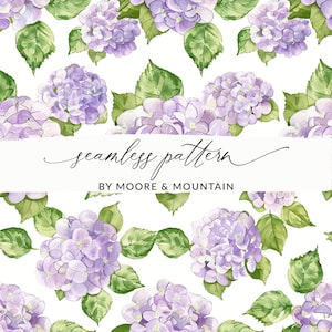 May include: A seamless pattern featuring watercolor illustrations of purple hydrangeas and green leaves on a white background. The text "seamless pattern" and "BY MOORE & MOUNTAIN" is included in the design.