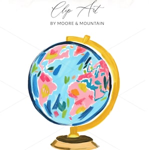 May include: A colorful clip art globe with a gold stand and frame. The globe features blue oceans and continents in pink, green, and blue. Text at the top reads "PNG + SVG Clip Art" and "BY MOORE & MOUNTAIN". The bottom text says "INSTANT DOWNLOAD + COMMERCIAL USE".