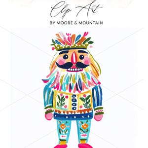 Puede incluir: Ilustración de clip art colorida de un cascanueces con corona, bigote y barba. La figura lleva una chaqueta azul, pantalones y zapatos rosas. También se ve el texto "PNG + SVG Clip Art" y "Instant Download + Commercial Use".