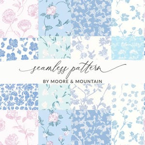 May include: A seamless pattern design featuring floral motifs in shades of blue, pink, and white. The design includes various floral arrangements and botanical elements. The text "seamless pattern" and "BY MOORE & MOUNTAIN" are also visible.