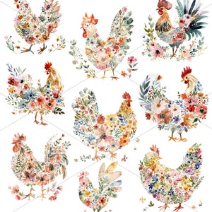 May include: Nine watercolor illustrations of roosters and hens made of flowers. The birds are in various poses, with some facing forward and others facing sideways. The flowers are in shades of pink, red, orange, yellow, and blue.