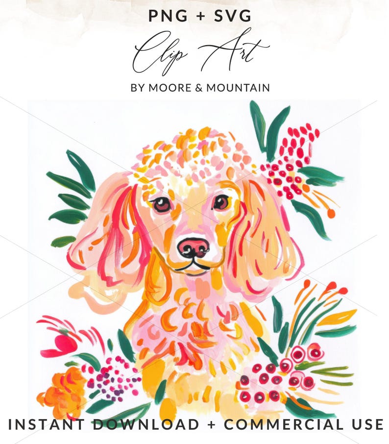 Dog Clip Art Digital Download, Cute Puppy Illustration, Floral Dog PNG SVG, Instant Download Dog Graphic, Commercial Use Image