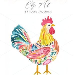 May include: Watercolor clip art of a colorful rooster with a red comb and wattle, yellow beak, and multi-colored feathers. The rooster is decorated with floral and leaf patterns. Text at the top reads "PNG + SVG Clip Art BY MOORE & MOUNTAIN".