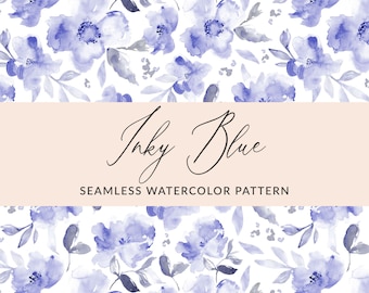 Blue and White Watercolor Floral Seamless Pattern, Modern Seamless Watercolor Flower File, Blue Floral Background Pattern, INSTANT DOWNLOAD