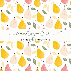 Modello senza cuciture con pere carine, sfondo con pere pastello, sfondo senza cuciture con frutta carina, modello illustrato con pere gialle, rosa e giallo