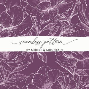 May include: A seamless pattern design with white floral outlines on a deep purple background. The image includes the text "seamless pattern" in cursive script, with "BY MOORE & MOUNTAIN" below it. The design showcases a botanical theme.