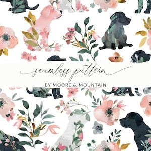 Puede incluir: Un patrón sin costuras con ilustraciones de acuarela de perros y flores. Los perros están en varias poses, incluyendo sentados y de pie. Las flores son en tonos de rosa, blanco y verde. El patrón está sobre un fondo blanco.
