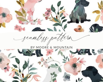 Könnte beinhalten: Ein nahtloses Muster mit Aquarell-Illustrationen von Hunden und Blumen. Die Hunde sind in verschiedenen Posen, einschließlich sitzend und stehend. Die Blumen sind in Rosa-, Weiß- und Grüntönen. Das Muster ist auf weißem Hintergrund.