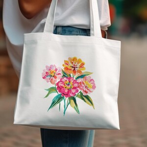 Watercolor Flowers Bouquet, Zinnia Floral Art, Vibrant Pink Orange Yellow Blooms, Garden Aesthetic Design, Pretty Nature Art, all products