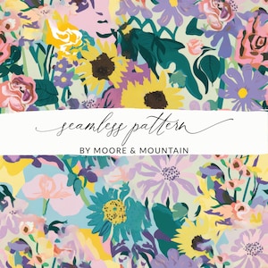 Puede incluir: Un patrón sin costuras que presenta una variedad de flores coloridas, incluyendo girasoles, rosas y orquídeas. El fondo es de color verde claro. El texto "seamless pattern by Moore & Mountain" se muestra en el centro de la imagen.