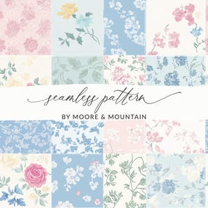 Pode incluir: Um design de padrão floral sem costura com quadrados em cores pastel. Cada quadrado apresenta diferentes arranjos florais, incluindo rosas e outras flores, em tons de rosa, azul e amarelo. O texto "seamless pattern" e "BY MOORE & MOUNTAIN" também é visível.