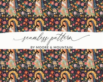 Virgin Mary Seamless Pattern, Guadalupe Floral Fabric (Digital Download)
