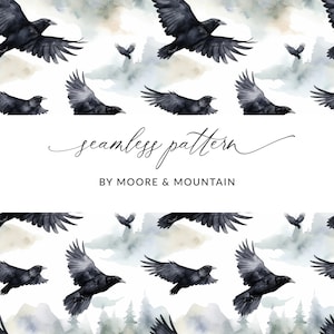 May include: A seamless pattern featuring black crows flying against a watercolor background of clouds and mountains. The text "seamless pattern" and "by Moore & Mountain" is displayed below the crows.