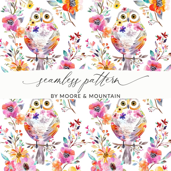 Spring Owl Seamless Pattern Owl With Flowers background, Cute Owl Repeating Pattern, Seamless Owl Background Baby Owl Pattern Commercial Use