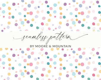 May include: A seamless pattern design with watercolour-style polka dots in pink, purple, yellow, and teal on a white background. The text "seamless pattern" and "BY MOORE & MOUNTAIN" are displayed on a white banner.