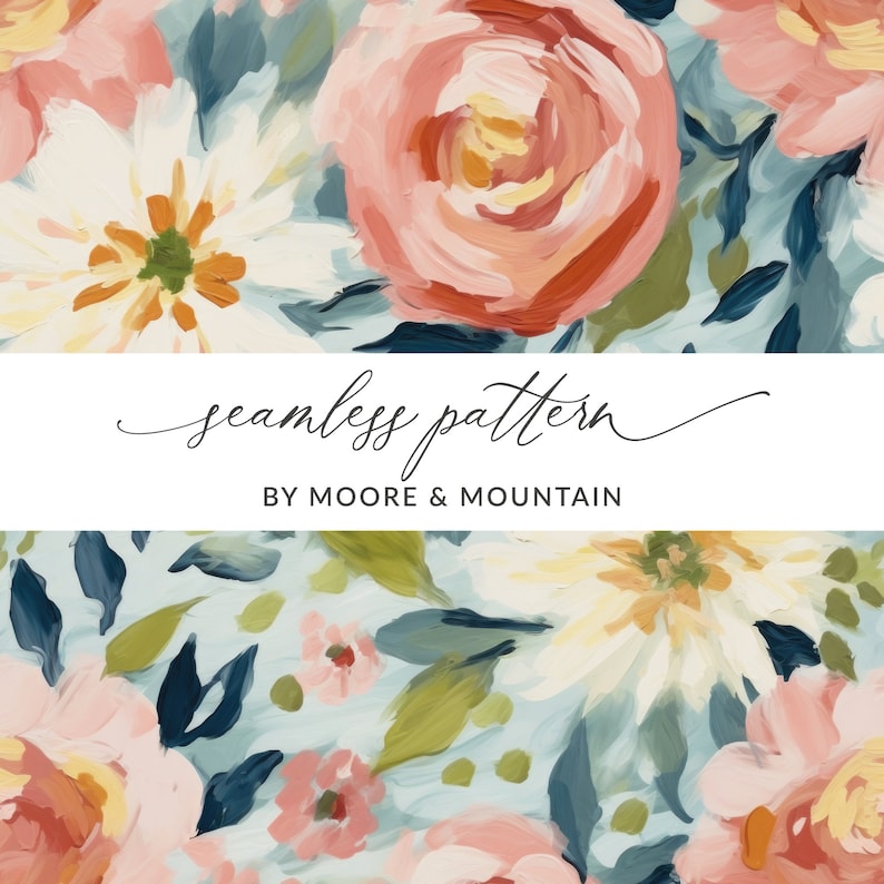May include: A seamless pattern featuring a floral design with pink, white, and blue flowers on a light blue background. The text "seamless pattern" and "BY MOORE & MOUNTAIN" is displayed on a white banner.