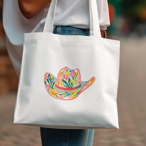Colorful Cowboy Hat Tote Bag, Western Themed Reusable Shopping Bag, Unique Painted Design, Trendy Shoulder Bag for Daily Use