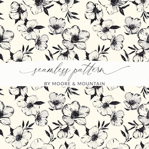 Modern Black and White Floral Modern Art Seamless Pattern, Simple Black and White Flowers Seamless Pattern Commercial Use