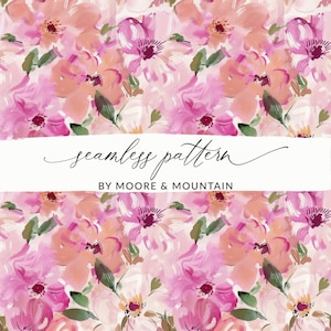 May include: A seamless pattern featuring pink and peach watercolour flowers with green leaves on a white background. The text "seamless pattern by Moore & Mountain" is displayed on a white banner.
