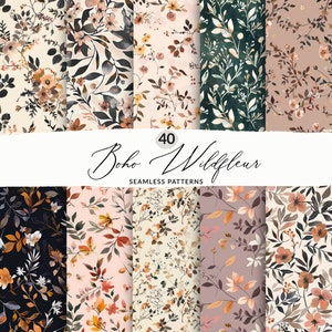 Pode incluir: Um conjunto de 40 padrões digitais sem costura com um design de flores silvestres boho. Os padrões são de várias cores, incluindo rosa, marrom, verde e creme. Os padrões são perfeitos para usar em scrapbooking digital, artesanato e outros projetos criativos.