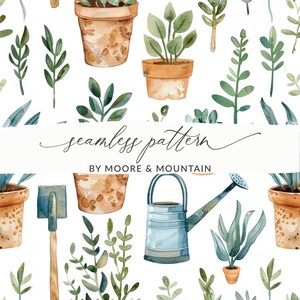 Op de afbeelding: Naadloos aquarelpatroon met potplanten, tuingereedschap en groene bladeren. Het ontwerp bevat een gieter, een schop en de tekst "seamless pattern" van Moore & Mountain.