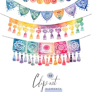 May include: A set of 48 watercolour clipart elements featuring colourful, patterned bunting flags with tassels. The bunting is perfect for adding a festive touch to any project.