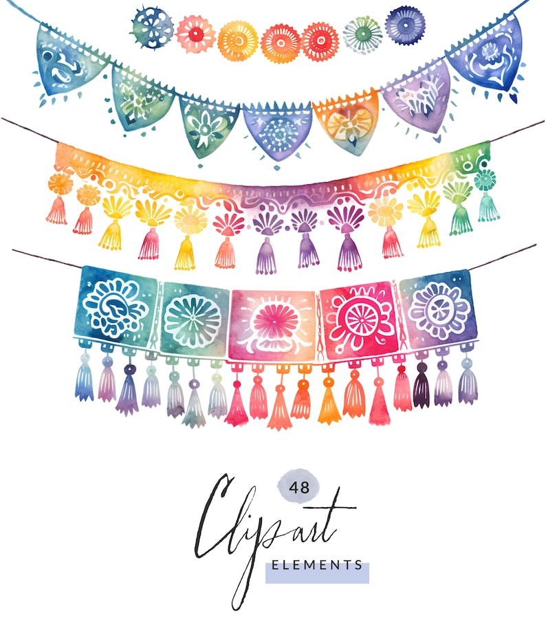 May include: A set of 48 watercolour clipart elements featuring colourful, patterned bunting flags with tassels. The bunting is perfect for adding a festive touch to any project.