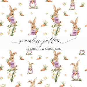 May include: A seamless pattern with watercolour illustrations of rabbits in lavender coats holding carrots, with daffodils and carrots on a white background. The text "seamless pattern" and "BY MOORE & MOUNTAIN" are also included.
