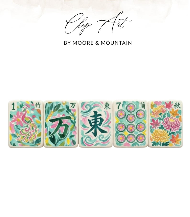 Mahjong tiles with floral and bird designs and Chinese characters.