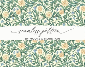 May include: A seamless pattern featuring a repeating design of yellow flowers, blue bell-shaped flowers, and green leaves on a cream background. The text "seamless pattern" and "BY MOORE & MOUNTAIN" is included in the image.