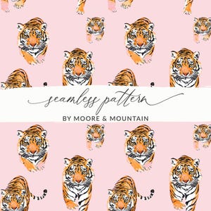 May include: Seamless pattern featuring watercolor illustrations of tigers in orange, black, and white on a pink background. The text "seamless pattern" and "BY MOORE & MOUNTAIN" are also included.