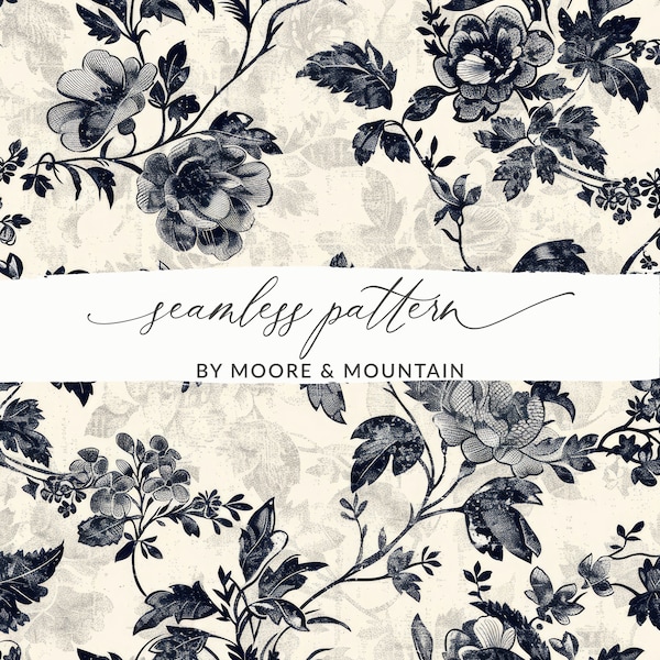 Elegant Black Toile Seamless Pattern, Black Chinoiserie Floral Pattern, Elegant Flower and Vines Pattern, Dainty Floral Vine Pattern PNG