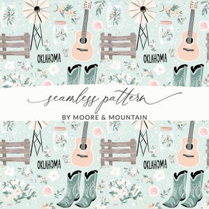 May include: A seamless pattern featuring country-themed illustrations. The design includes guitars, cowboy boots, windmills, mason jars, and floral elements, with the word "Oklahoma" and the text "seamless pattern by Moore & Mountain". The background is a light teal color.