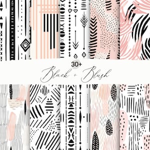 May include: A set of 30+ digital seamless patterns in black and blush colours. The patterns feature geometric shapes, lines, and abstract designs.