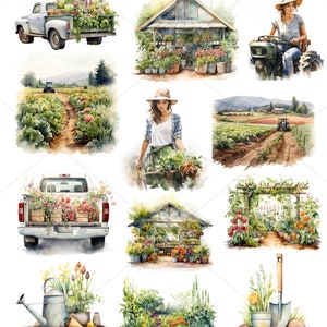 May include: A watercolor illustration of a garden scene with a white pickup truck filled with flowers, a greenhouse, a woman in a straw hat pushing a wheelbarrow, a tractor, a garden path, a trellis with flowers, a watering can, a shovel, and a garden bed with flowers and vegetables.
