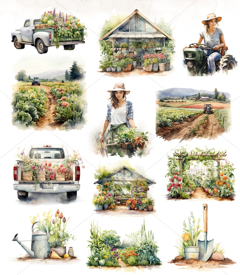 May include: A watercolor illustration of a garden scene with a white pickup truck filled with flowers, a greenhouse, a woman in a straw hat pushing a wheelbarrow, a tractor, a garden path, a trellis with flowers, a watering can, a shovel, and a garden bed with flowers and vegetables.