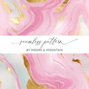 Könnte beinhalten: Abstraktes nahtloses Muster mit einem wirbelnden, marmorartigen Design in Rosa und Gold. Der Text "seamless pattern" und "BY MOORE & MOUNTAIN" wird auf einem weißen Banner angezeigt.