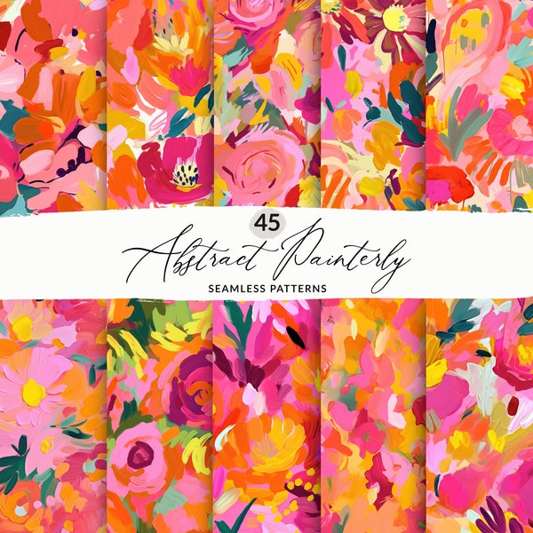 45 Painted Abstract Floral Pattern Set, Seamless Painted Floral Patterns, Orange and Pink Seamless Pattern Set, Painted Artistic Backgrounds