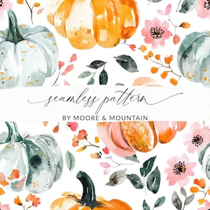 May include: A seamless pattern featuring watercolor pumpkins in shades of orange, green, and pink, with delicate pink flowers and green leaves on a white background. The text "seamless pattern" and "BY MOORE & MOUNTAIN" is included in the design.