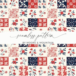 Op de afbeelding: Een naadloos patroon met een patchwork-ontwerp. Het bevat bloemen en geometrische elementen in rood, marineblauw en crème. De tekst "seamless pattern" en "BY MOORE & MOUNTAIN" zijn zichtbaar.