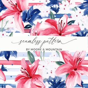Red White and Blue Flowers Background, Seamless July 4th Pattern, Patriotic Floral Pattern, USA Pattern, Seamless Patriotic Pattern