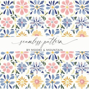 May include: A seamless floral pattern featuring stylized flowers in pink, blue, and yellow on a white background. The design includes the text "seamless pattern" and "BY MOORE & MOUNTAIN". The flowers are arranged in a repeating pattern.